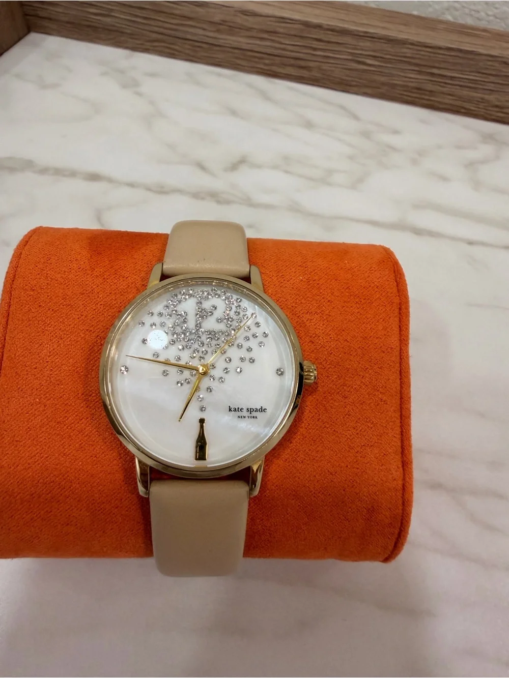 kate spade Beige Leather Crystal-Accent Women's Watch with Gold Case